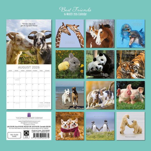 Best Friends - 2026 Square Wall Calendar Pets Animals 16 Months Premium Planner