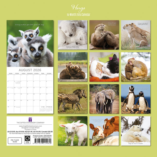 Hugs 2026 Square Wall Calendar Pets Baby Animals 16 Months New Year Home Planner