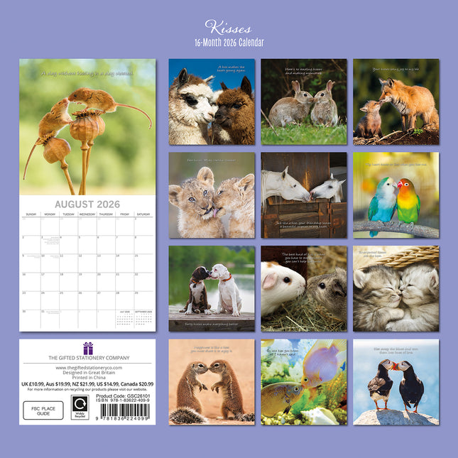 Kisses - 2026 Square Wall Calendar Dogs Pets Animals 16 Months Premium Planner