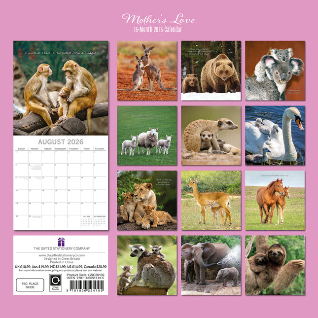 Mother's Love - 2026 Square Wall Calendar Pets Animals 16 Months Premium Planner