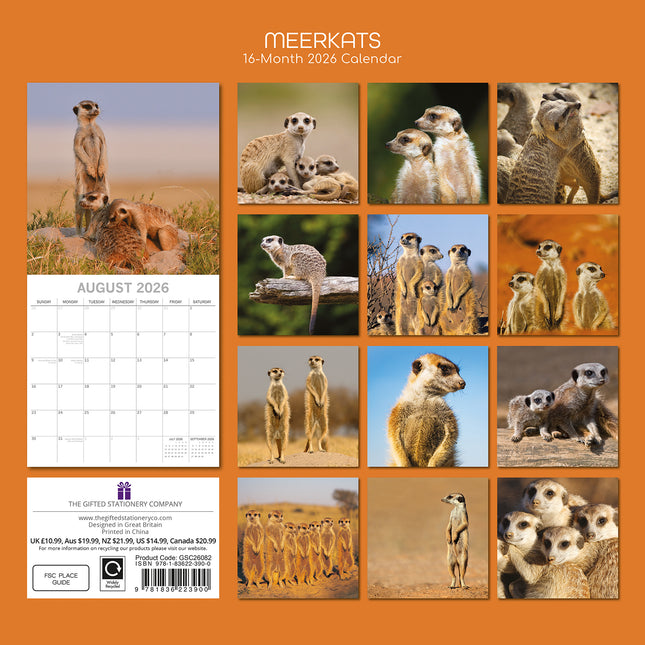 Meerkats - 2026 Square Wall Calendar Pets Animals 16 Months Premium Planner Gift
