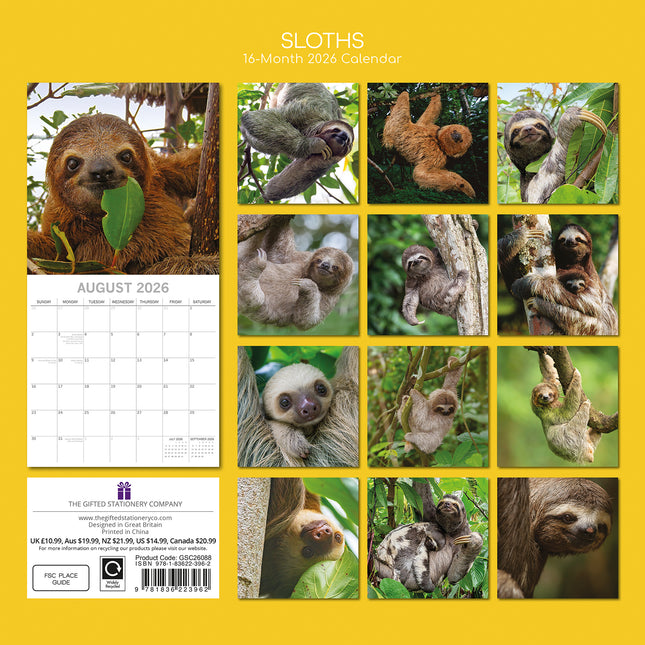 Sloths - 2026 Square Wall Calendar Pets Animals 16 Months Premium Planner Gift