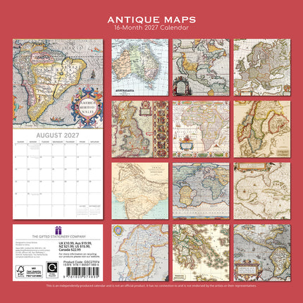 Antique Maps 2027 Premium Square Wall Calendar back cover