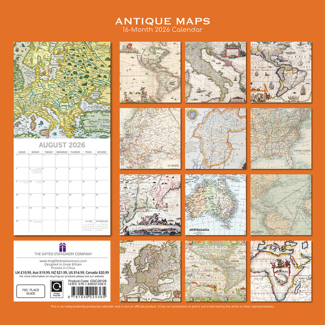 Antique Maps - 2026 Square Wall Calendar 16 Months Arts Photography Planner Gift