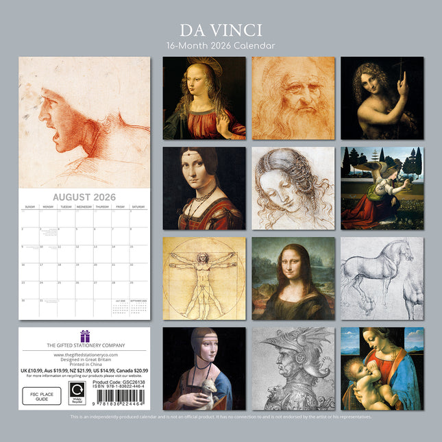 Da Vinci - 2026 Square Wall Calendar 16 Months Arts Photography Planner Gift