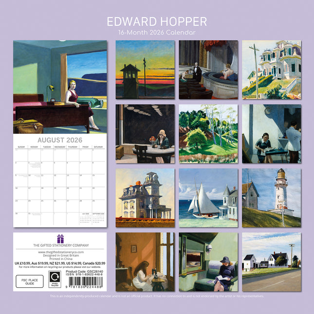 Edward Hopper - 2026 Square Wall Calendar 16 Month Arts Photography Planner Gift