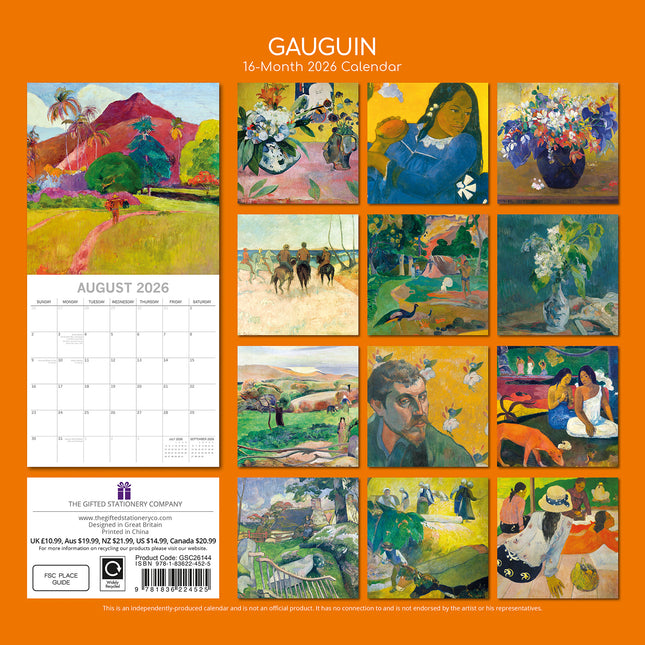 Gauguin - 2026 Square Wall Calendar 16 Months Arts Photography Home Planner Gift