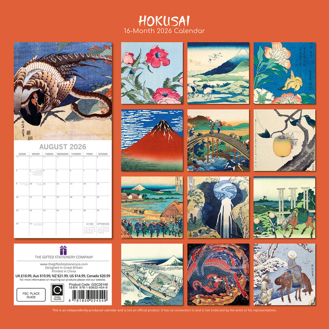 Hokusai - 2026 Square Wall Calendar 16 Months Arts Photography Home Planner Gift