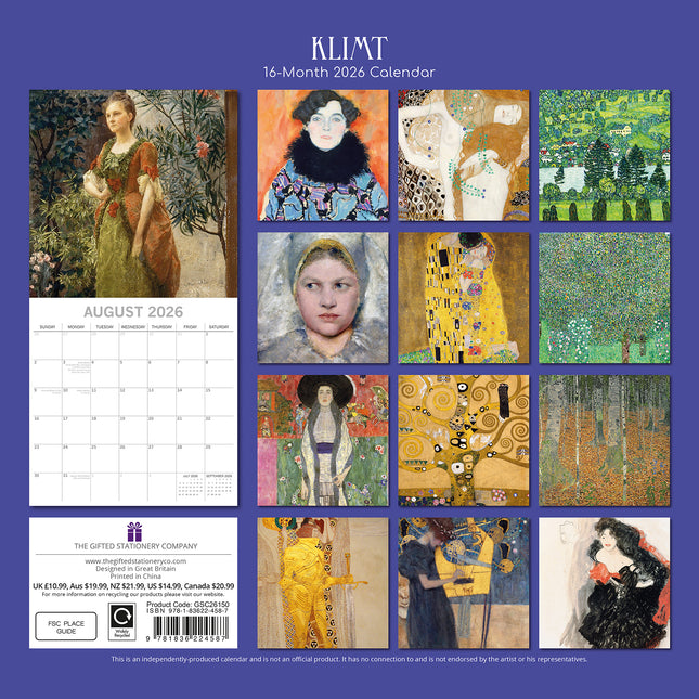 Klimt - 2026 Square Wall Calendar 16 Months Arts Photos Planner New Year Gift