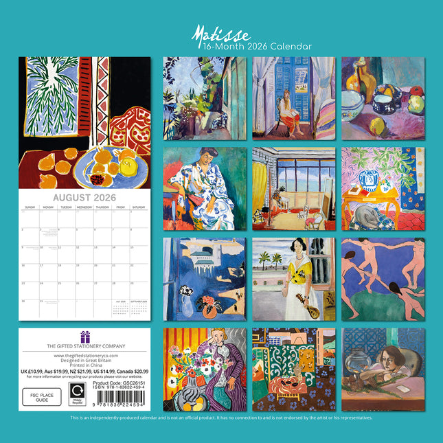 Matisse - 2026 Square Wall Calendar 16 Months Arts Photography Home Planner Gift