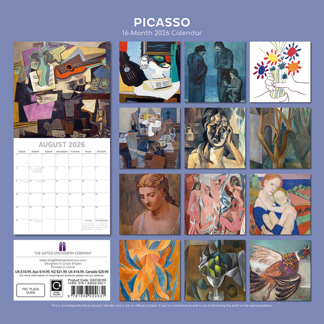Picasso - 2026 Square Wall Calendar 16 Months Arts Photography Home Planner Gift