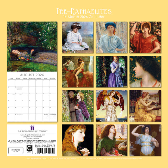 Pre-Raphaelites - 2026 Square Wall Calendar 16 Months Arts Photos Planner Gift