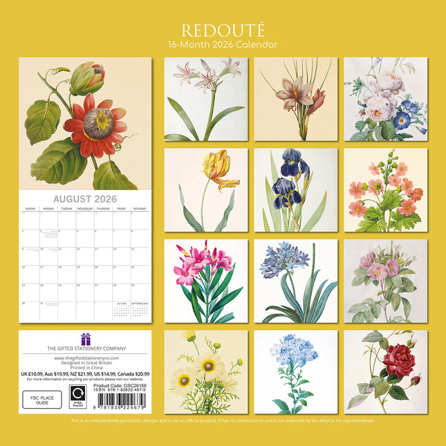 Redouté - 2026 Square Wall Calendar 16 Months Arts Photography Home Planner Gift