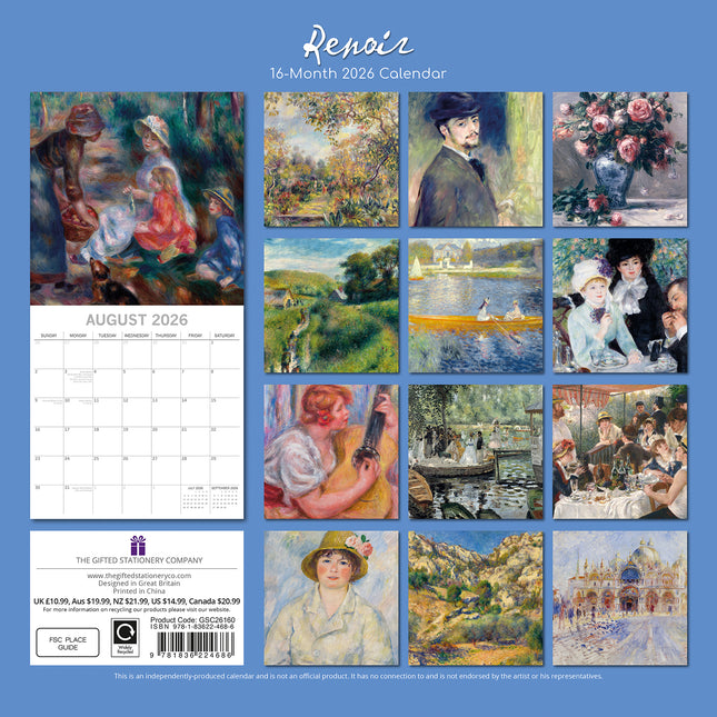 Renoir - 2026 Square Wall Calendar 16 Months Arts Photography Home Planner Gift