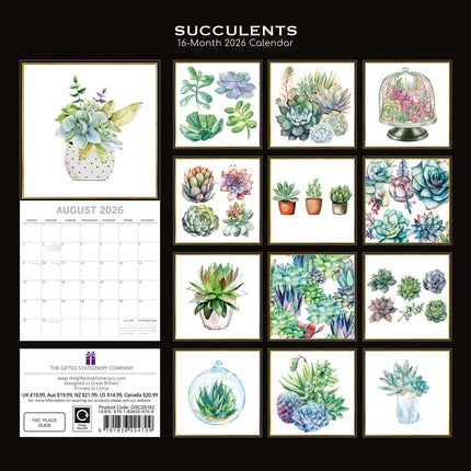 Succulents - 2026 Square Wall Calendar 16 Months Arts Photography Planner Gift