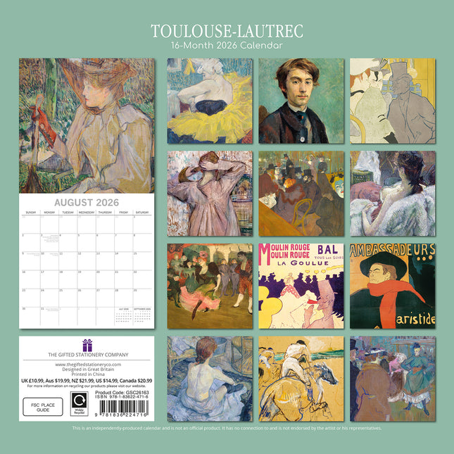 Toulouse-Lautrec - 2026 Square Wall Calendar 16 Months Arts Photos Planner Gift
