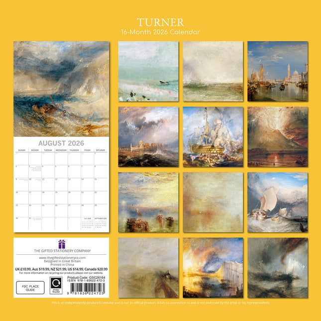 Turner - 2026 Square Wall Calendar 16 Months Arts Photography Home Planner Gift