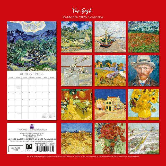 Van Gogh - 2026 Square Wall Calendar 16 Months Arts Photography Planner Gift