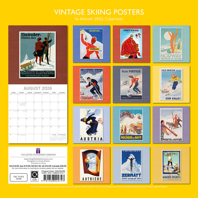 Vintage Skiing Posters 2026 Square Wall Calendar 16 Month Art Photo Planner Gift