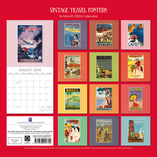 Vintage Travel Posters 2026 Square Wall Calendar 16 Month Art Photo Planner Gift