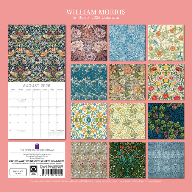 William Morris - 2026 Square Wall Calendar 16 Months Arts Photos Planner Gift