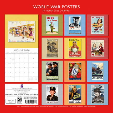 World War Posters - 2026 Square Wall Calendar 16 Months Arts Photos Planner Gift