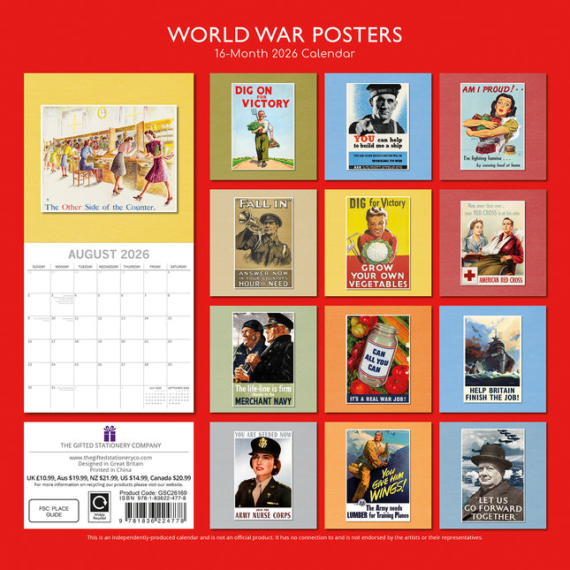 World War Posters - 2026 Square Wall Calendar 16 Months Arts Photos Planner Gift