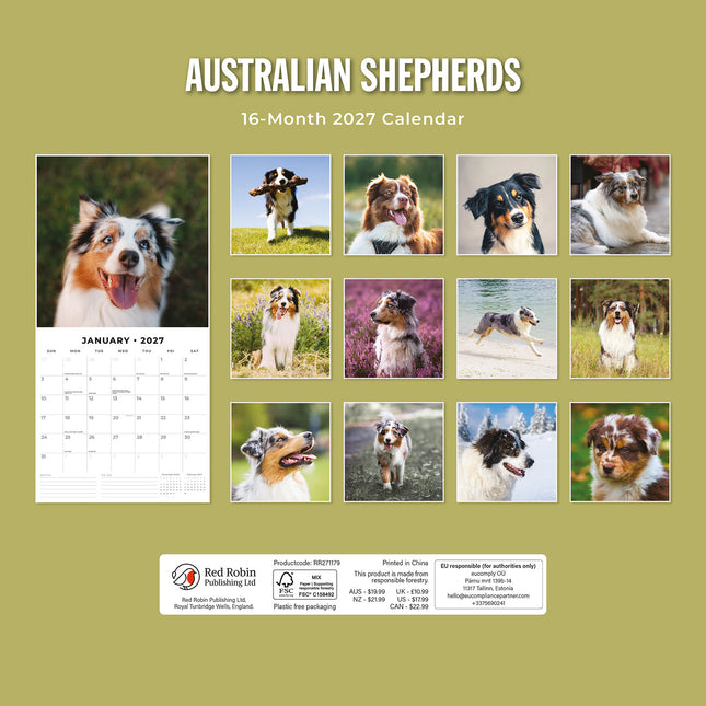 Australian Shepherds 2027 square wall calendar - back cover