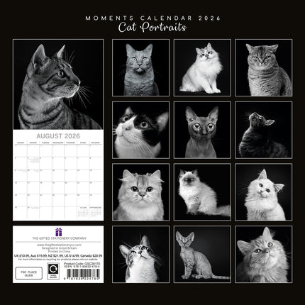 Cat Portraits - 2026 Square Wall Calendar 16 Months Black & White Planner Gift