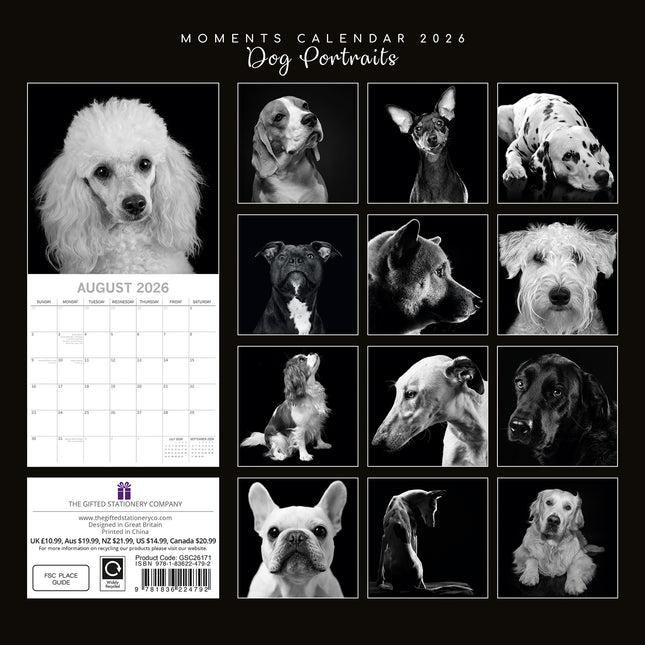 Dog Portraits - 2026 Square Wall Calendar 16 Months Black & White Planner Gift