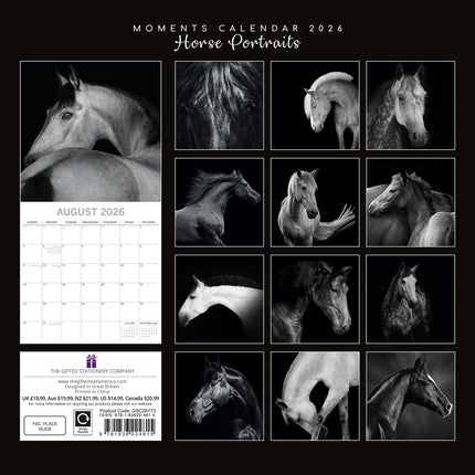 Horse Portraits - 2026 Square Wall Calendar 16 Months Black & White Planner Gift