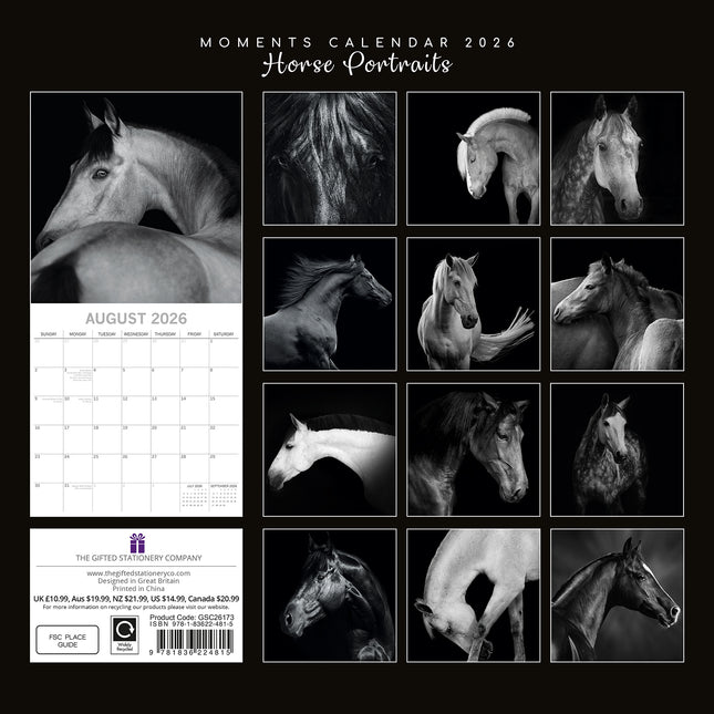 Horse Portraits - 2026 Square Wall Calendar 16 Months Black & White Planner Gift