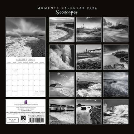 Seascapes 2026 Square Wall Calendar 16 Month Black & White Planner New Year Gift