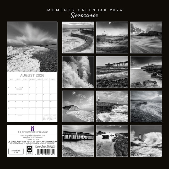 Seascapes 2026 Square Wall Calendar 16 Month Black & White Planner New Year Gift