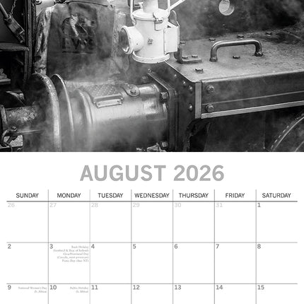Steam Trains - 2026 Square Wall Calendar 16 Months Black & White Planner Gift