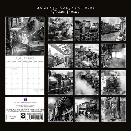 Steam Trains - 2026 Square Wall Calendar 16 Months Black & White Planner Gift