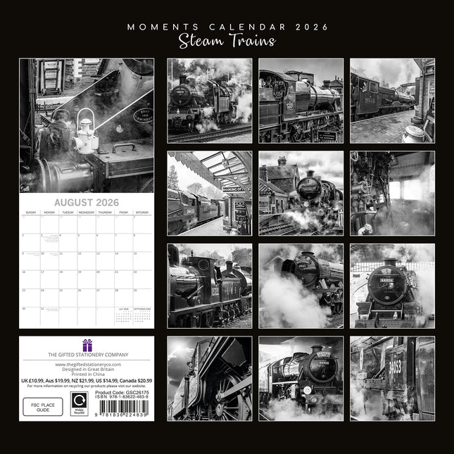 Steam Trains - 2026 Square Wall Calendar 16 Months Black & White Planner Gift