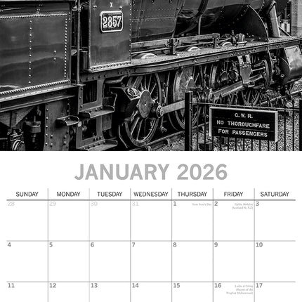Steam Trains - 2026 Square Wall Calendar 16 Months Black & White Planner Gift
