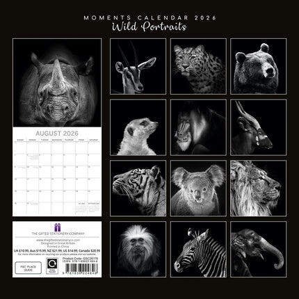 Wild Portraits - 2026 Square Wall Calendar 16 Months Black & White Planner Gift