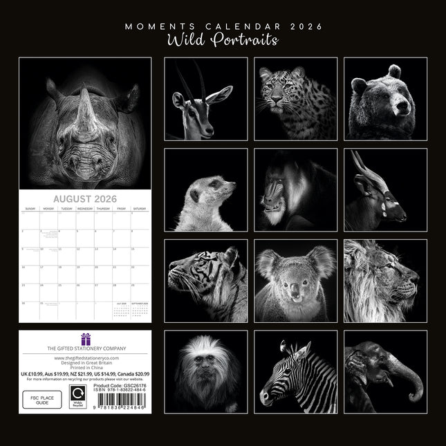 Wild Portraits - 2026 Square Wall Calendar 16 Months Black & White Planner Gift
