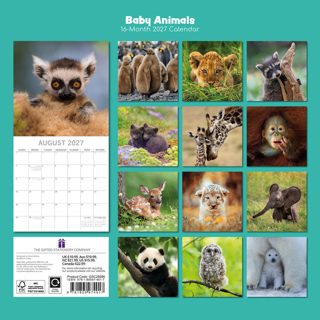 Baby Animals 2027 Square Wall Calendar back cover