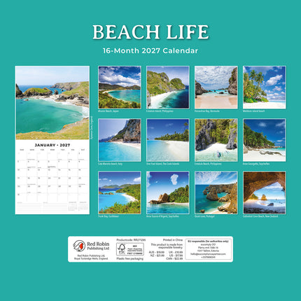 Beach Life 2027 square wall calendar - back cover