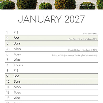 Beautiful Gardens 2027 Premium Slim Wall Calendar January sample page