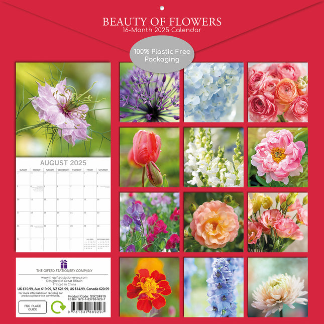 Beauty of Flowers 2025 Square Wall Calendar Floral 16-Month Premium Planner Gift