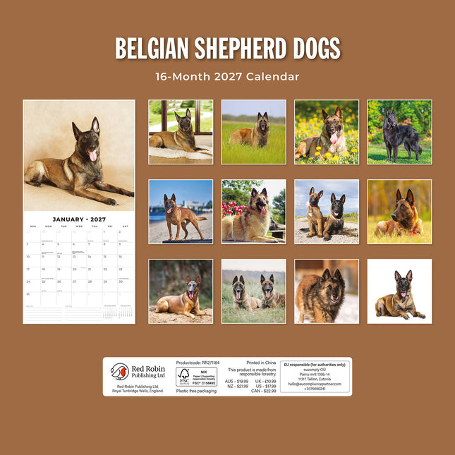 Belgian Shepherd Dogs 2027 square wall calendar - back cover