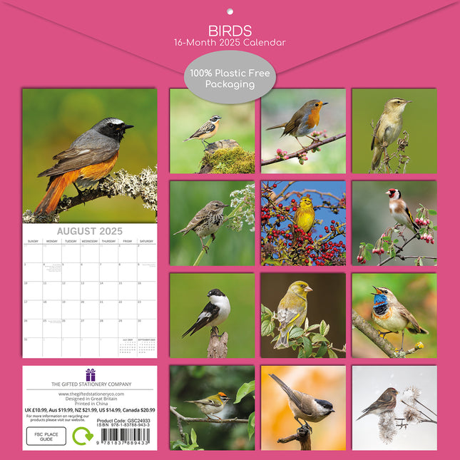 Birds - 2025 Square Wall Calendar Pets Animals 16 Months Premium Planner Gift