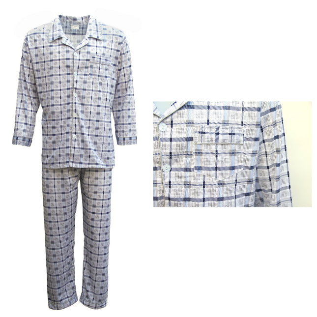New Mens Cotton Pajamas Pyjamas PJs Set Long Sleeve Shirt Tops + Pants Sleepwear - Blue