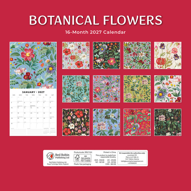 Botanical Flowers 2027 square wall calendar - back cover