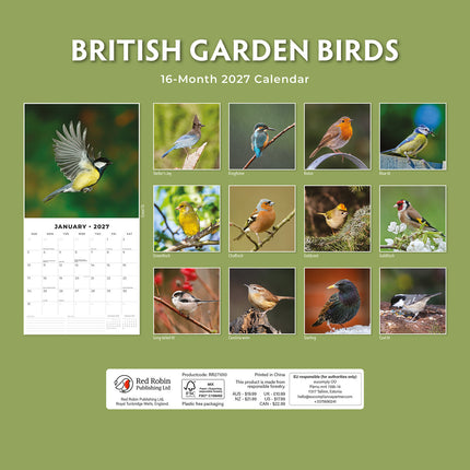 British Garden Birds 2027 square wall calendar - back cover