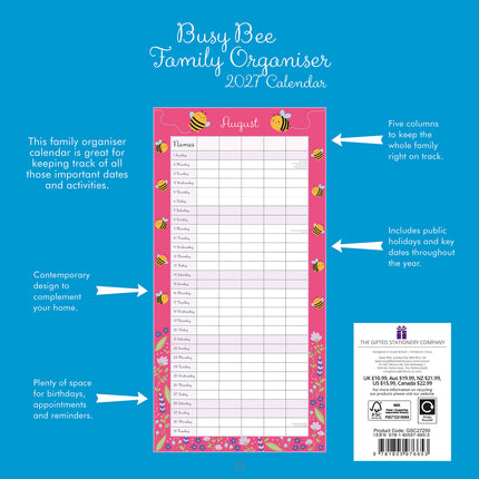 Busy Bee Family Organiser 2027 Premium Square Wall Calendar back cover